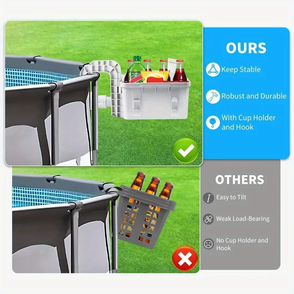 Premium Pool Storage Basket with Cup Holder - Heavy-Duty Plastic Organizer for Above Ground Pools & Outdoor Swimming