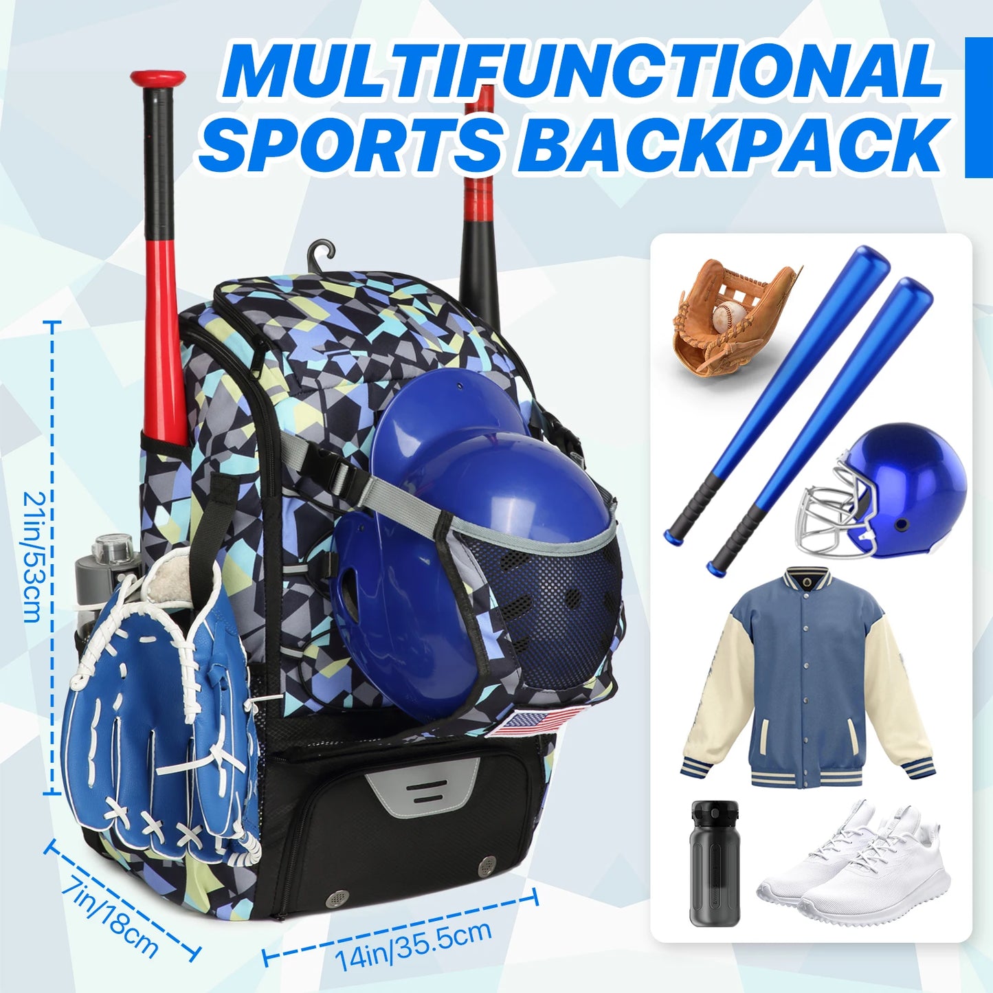 Youth Baseball Softball Backpack - Large Capacity Equipment Bag with Shoe Compartment