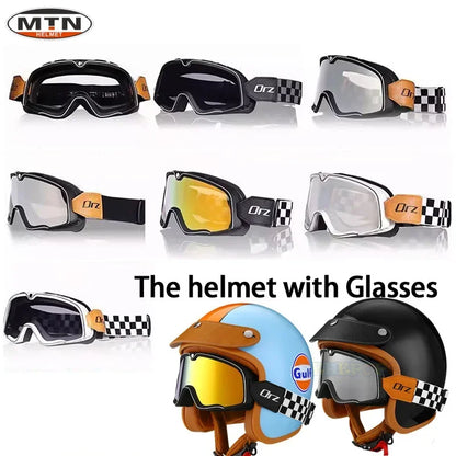 Vintage 3/4 Jet Motorcycle Helmet - DOT Certified Synthetic Leather Open Face Helmet with Mask