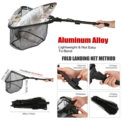 Professional Telescoping Fishing Landing Net - Aluminum Alloy Construction - Extends 55cm to 190cm with Folding Mesh Design