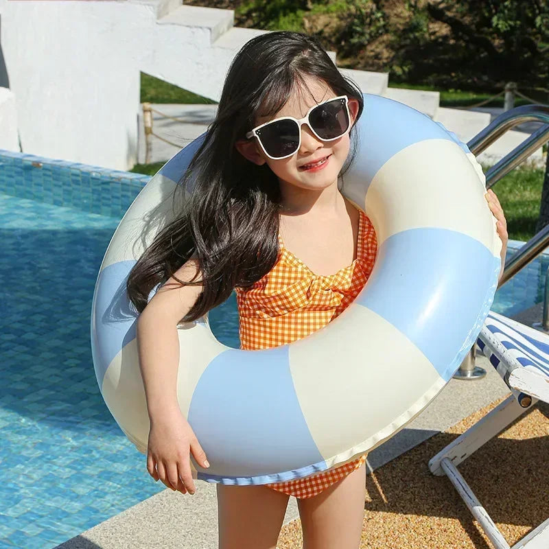 Kids PVC Striped Swimming Ring - Inflatable Floating Tube Donut for Boys & Girls Summer Pool Fun