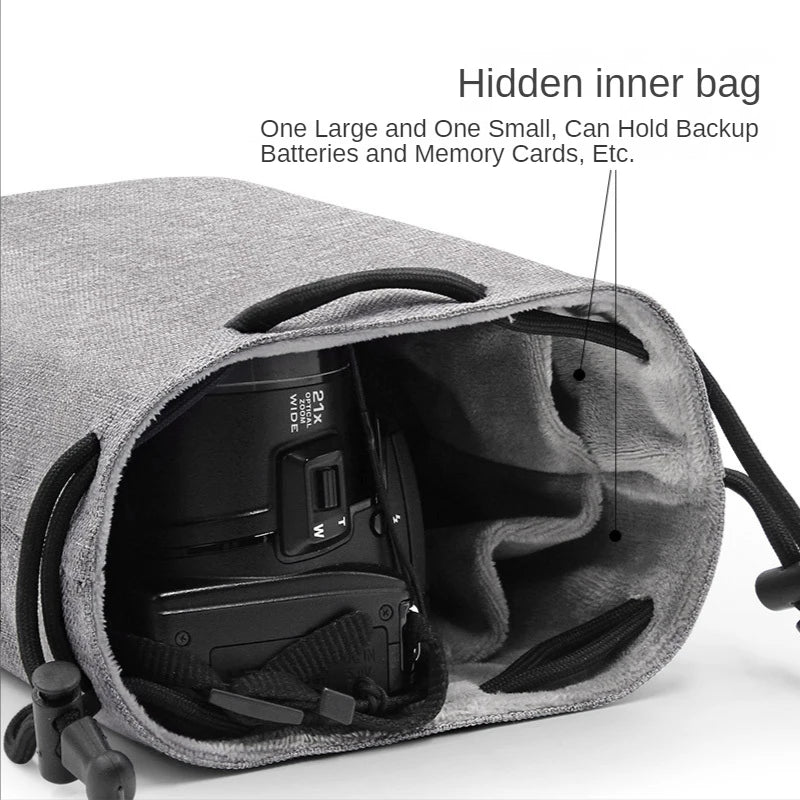 Camera Lens Bag - Waterproof Drawstring Pouch with Fleece Protection for DSLR Cameras