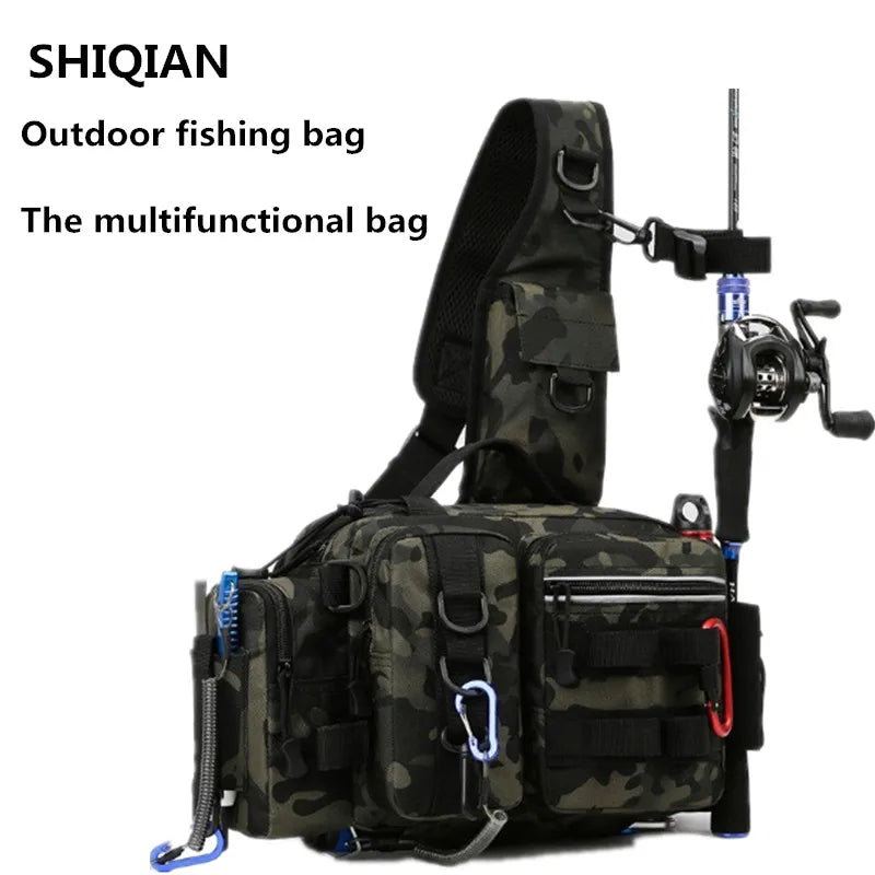 Men's Fishing Backpack with Pole Holder - Equipment Storage Bag with Bait Box, Sling Shoulder Strap