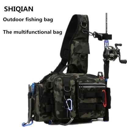 Men's Fishing Backpack with Pole Holder - Equipment Storage Bag with Bait Box, Sling Shoulder Strap