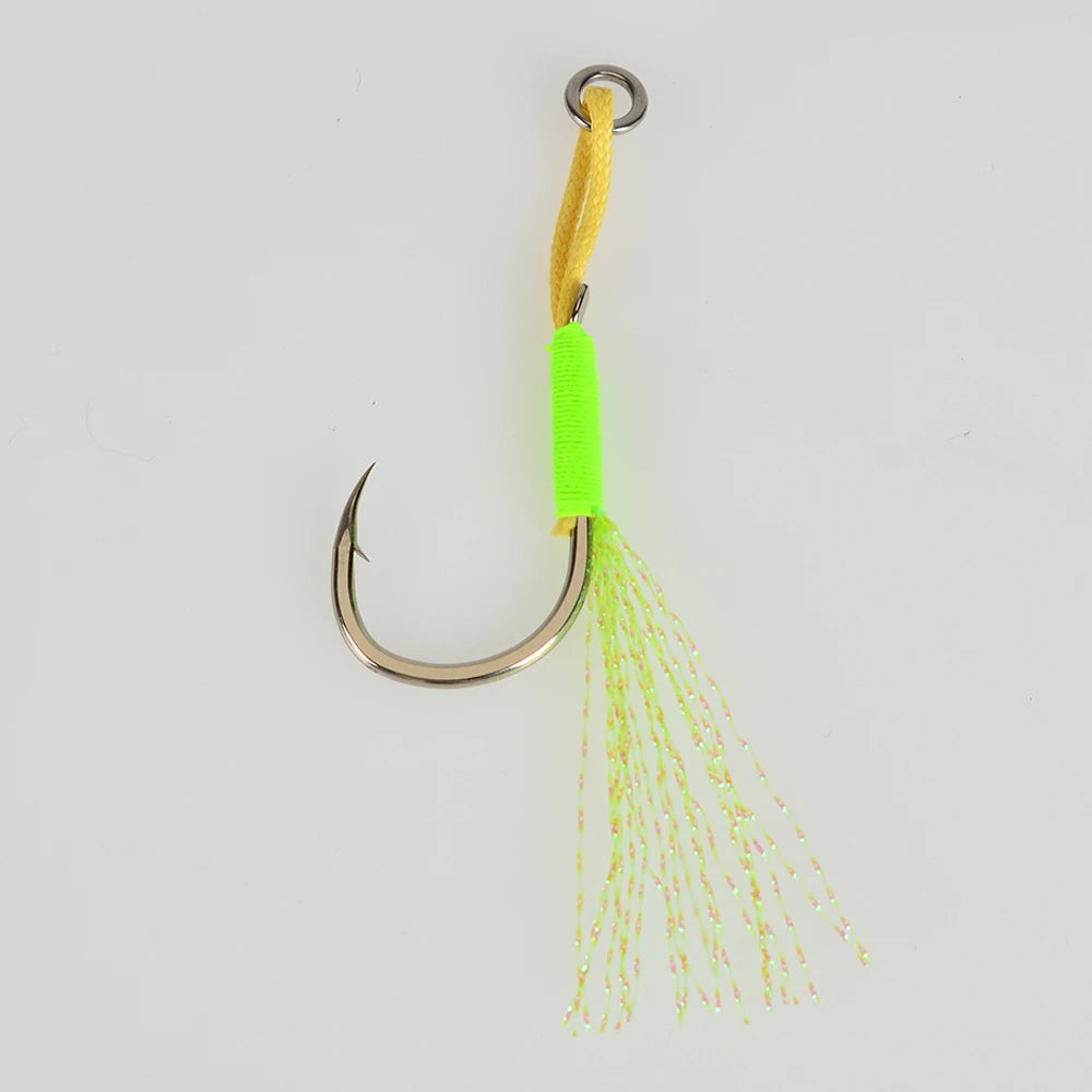 TOLU Metal Jigging Assist Hooks Set - 10 Pieces, Size 13-22#, PE Line with Feather, Solid Ring, UV Enhanced for 10-120g Lures