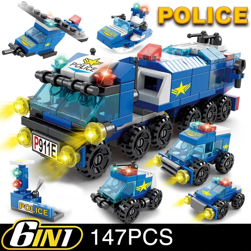6-in-1 Emergency Vehicle Building Blocks Set - Police, Fire Truck & Construction Models (Compatible Building Bricks)