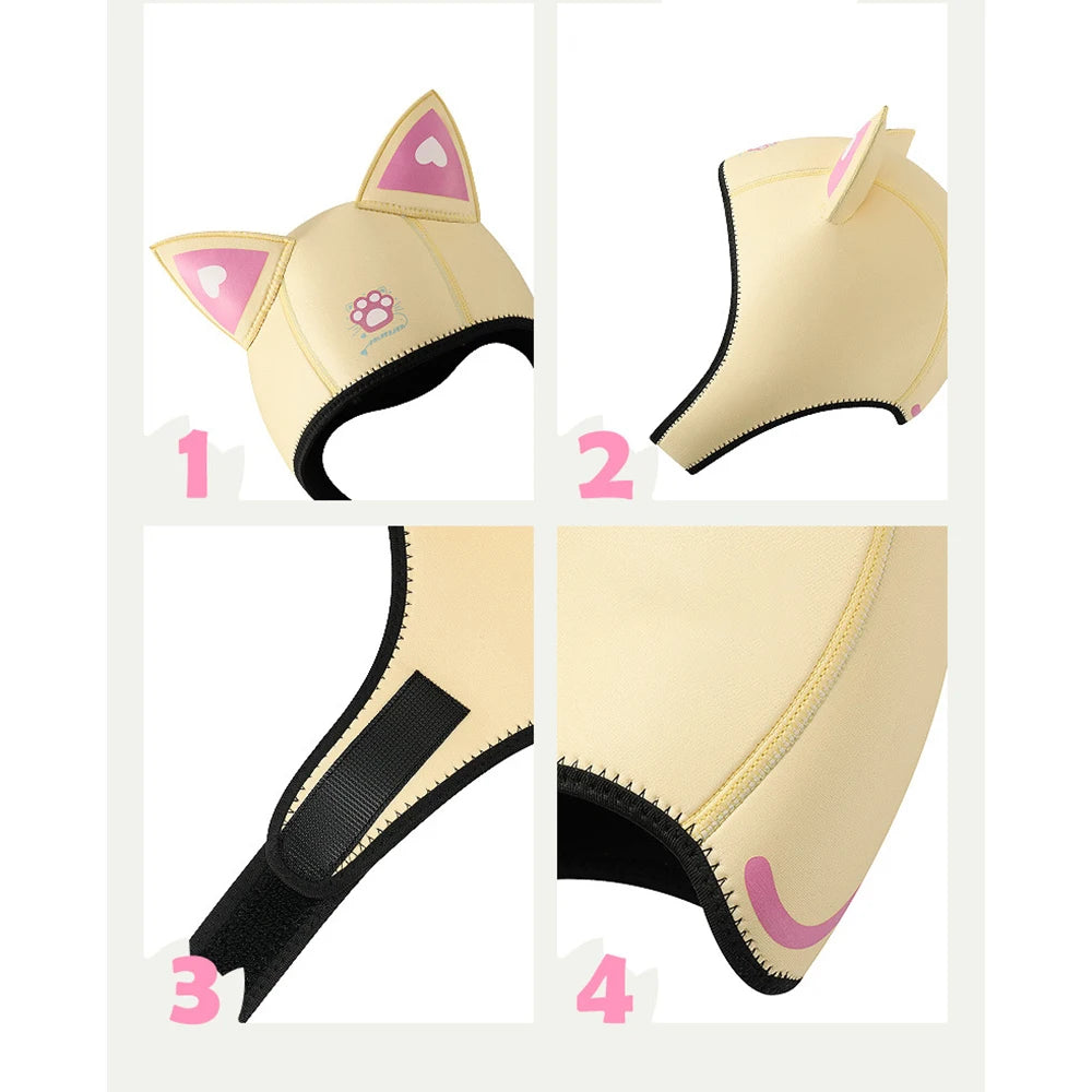 Women's Waterproof 3MM Neoprene Diving Hood - Cute Cat Ears Design with Chin Straps for Swimming & Snorkeling