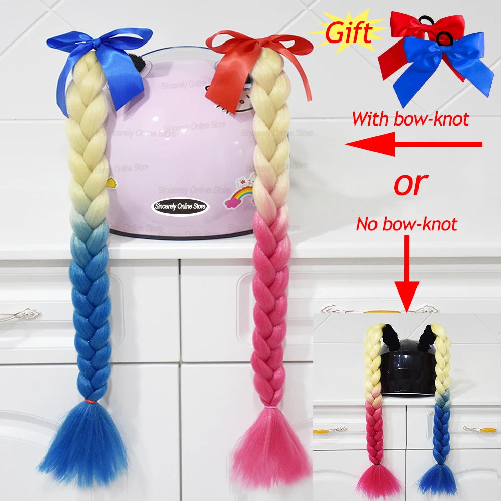 Motorcycle Helmet Braids - 2 Piece Set Women's Ponytail Wig with Suction Cup for Motorbike Helmets (164 Colors Available, Dual Pigtail Twist Style)