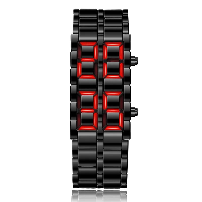 LED Digital Sports Watch - Full Metal Lava Style Wristwatch with Alarm & Calendar (Red/Blue Display)