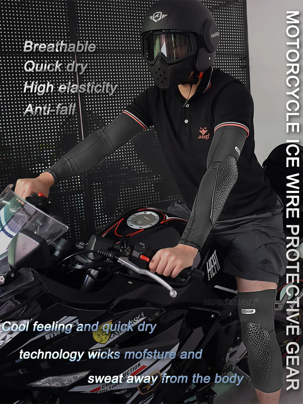 VEMAR Motorcycle Knee and Elbow Pads - Breathable Anti-Fall Protection Guards for Motocross, MTB, DH Cycling - High Elasticity Sleeves