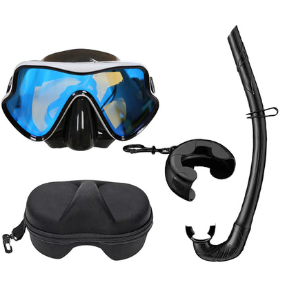 Professional Snorkeling Mask Set Tempered Glass Diving Goggles Foldable Dry Snorkel Tube Travel Case Anti-Fog Silicone