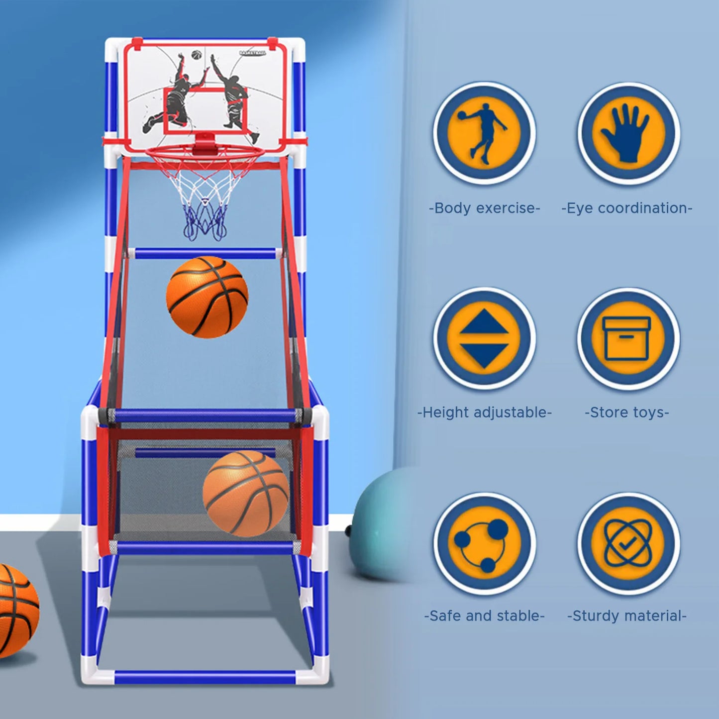 Adjustable Kids Basketball Hoop Set - Indoor/Outdoor Training System with 4 Balls (88cm-140cm Height Range)