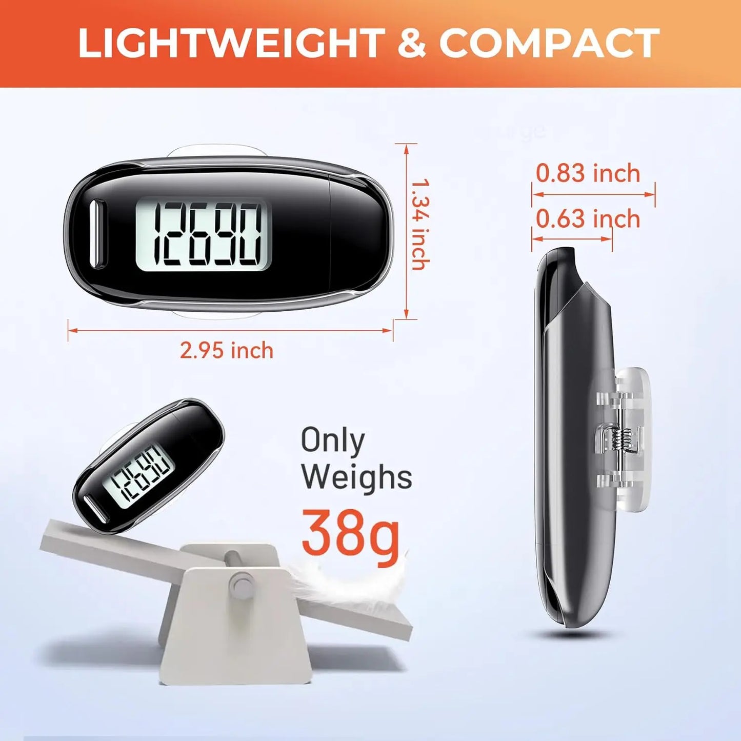 3D Pedometer Step Counter - USB Rechargeable with Backlight Display - Accurate Walking Step Tracker