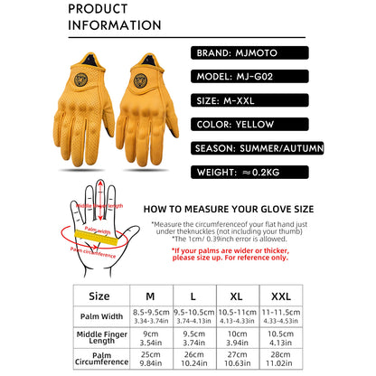Breathable Perforated Leather Motorcycle Gloves - Retro Yellow Racing Gloves with Touch Screen for Men & Women - Motocross Motorbike Riding Gear