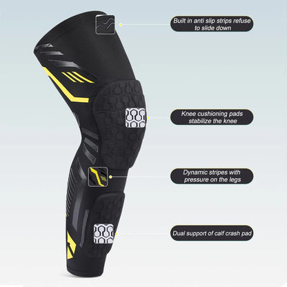 Padded Knee Compression Sleeve - Long Leg Calf Protection Sports Brace for Soccer - Adult & Youth Shin Pads (1 Piece)