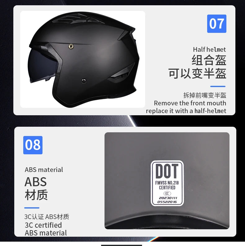 ORZ Black Warrior Vintage Motorcycle Helmet - Full Face & Half Face Combination Helmet for Cruising and Motocross