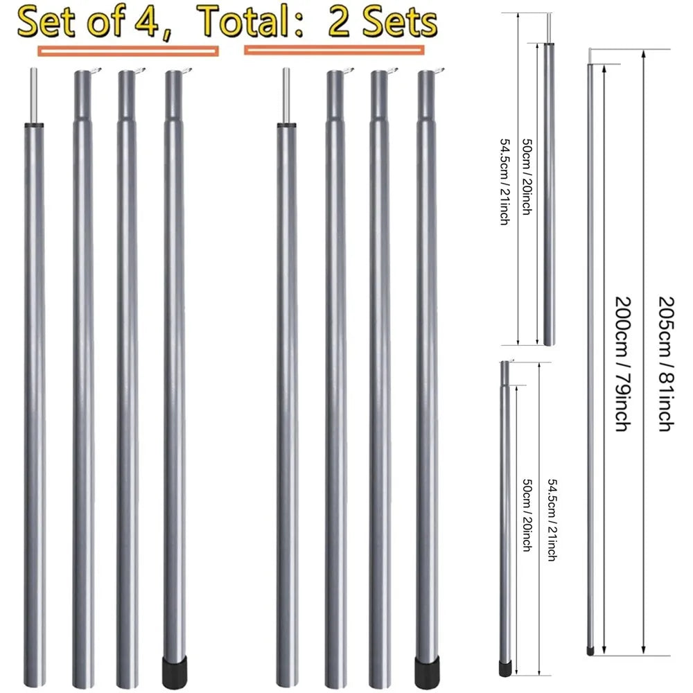 Set of 2 Tent Poles Adjustable Tarp Poles Steel Rods for Sun Shelter Tarp Canopy Camping Replacement With Pegs & Ropes