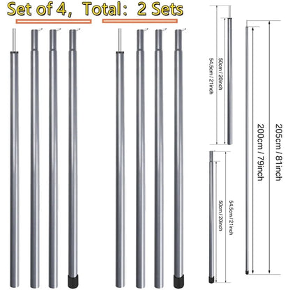 Set of 2 Tent Poles Adjustable Tarp Poles Steel Rods for Sun Shelter Tarp Canopy Camping Replacement With Pegs & Ropes