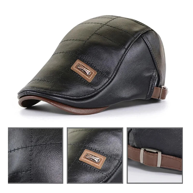 Premium Faux Leather Newsboy Cap - Adjustable Retro Flat Cap for Men
