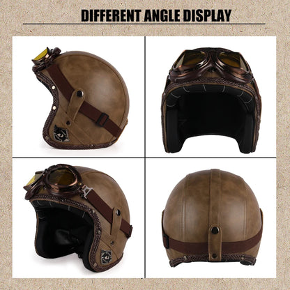 Retro Open Face 3/4 Motorcycle Helmet - Classic PU Leather Chopper & Bicycle Helmet (Vintage Style)