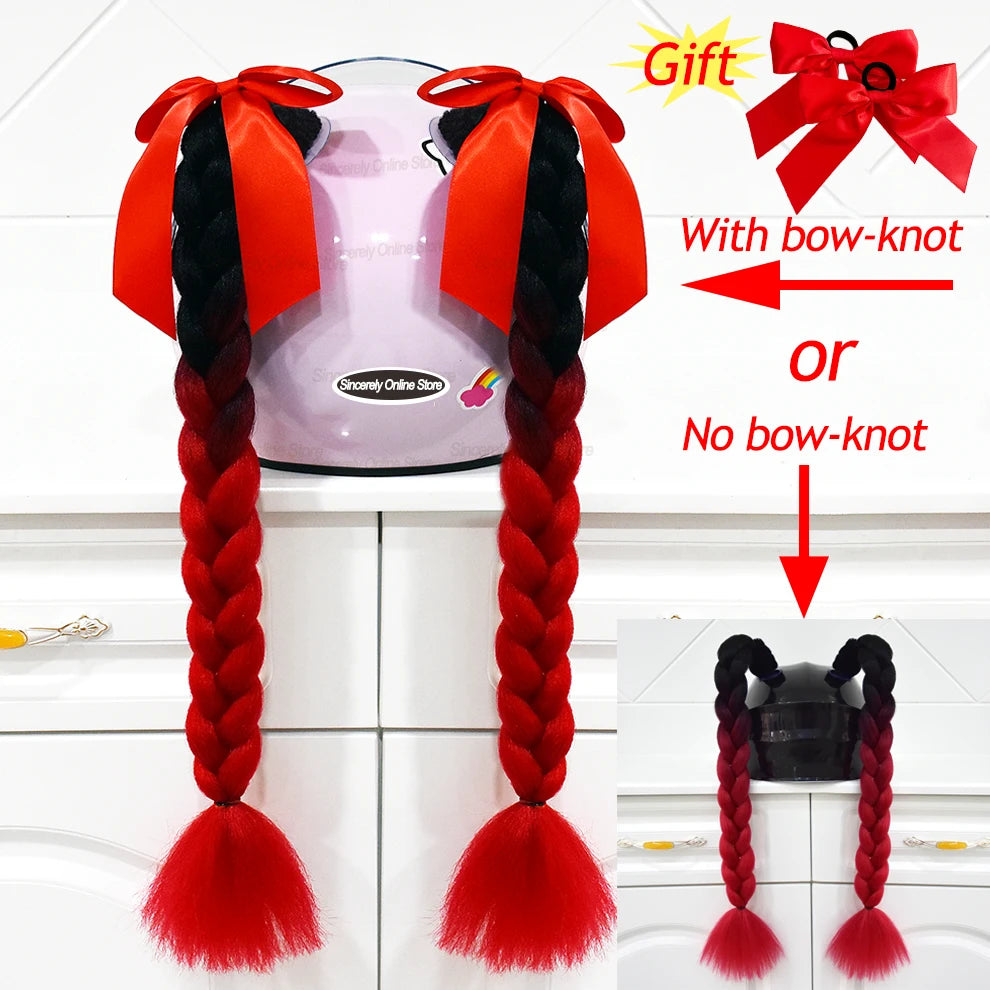 Motorcycle Helmet Braids - 2 Piece Set Women's Ponytail Wig with Suction Cup for Motorbike Helmets (164 Colors Available, Dual Pigtail Twist Style)