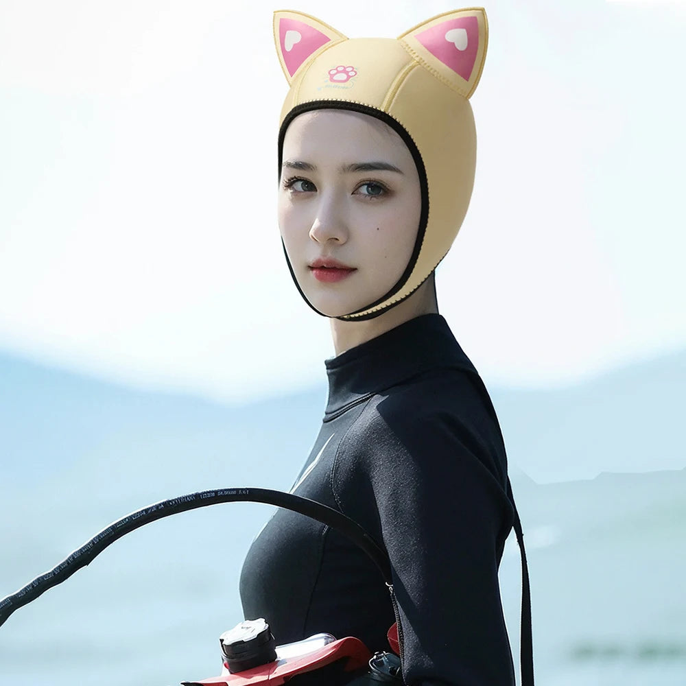 Women's Waterproof 3MM Neoprene Diving Hood - Cute Cat Ears Design with Chin Straps for Swimming & Snorkeling