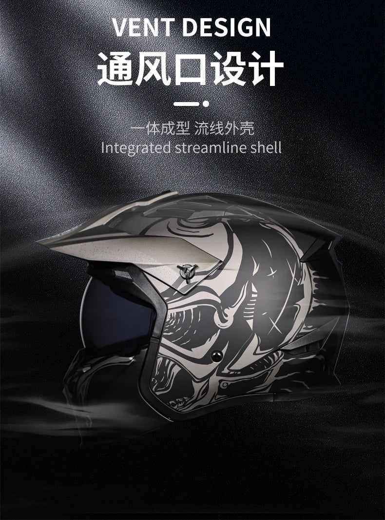 ORZ Black Warrior Vintage Motorcycle Helmet - Full Face & Half Face Combination Helmet for Cruising and Motocross