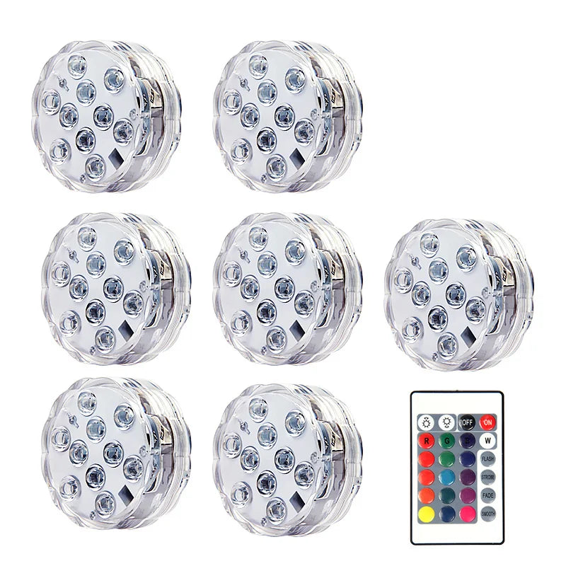 RGB LED Underwater Light - 10 LED Battery Powered Submersible Night Lamp for Swimming Pools, Gardens, Weddings & Party Decorations