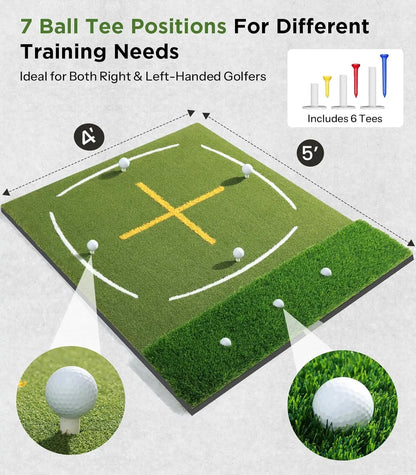 5x4ft Dual Turf Golf Hitting Mat - Thickened Practice Mat with Standing Guide-Line & Swing Path Line
