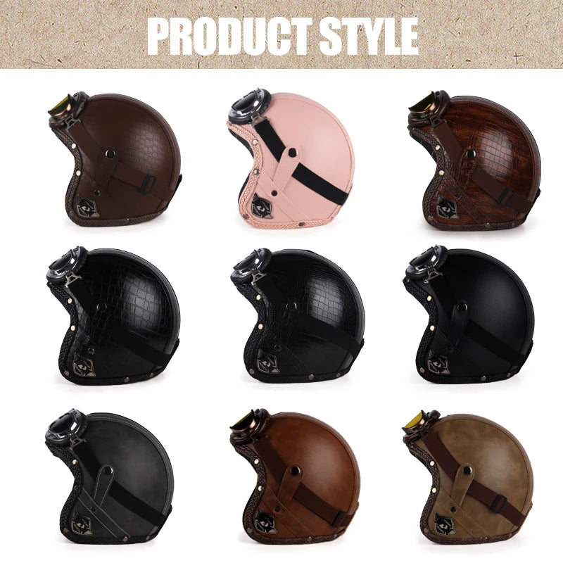 Retro Open Face 3/4 Motorcycle Helmet - Classic PU Leather Chopper & Bicycle Helmet (Vintage Style)