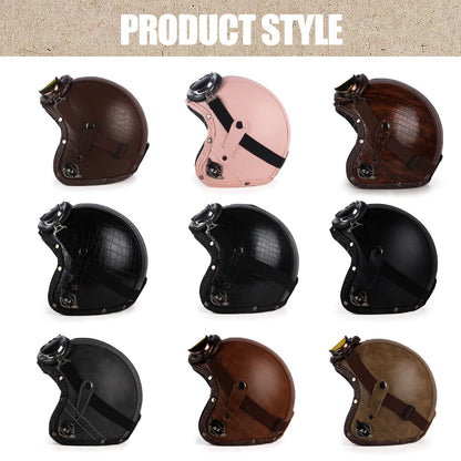 Retro Open Face 3/4 Motorcycle Helmet - Classic PU Leather Chopper & Bicycle Helmet (Vintage Style)