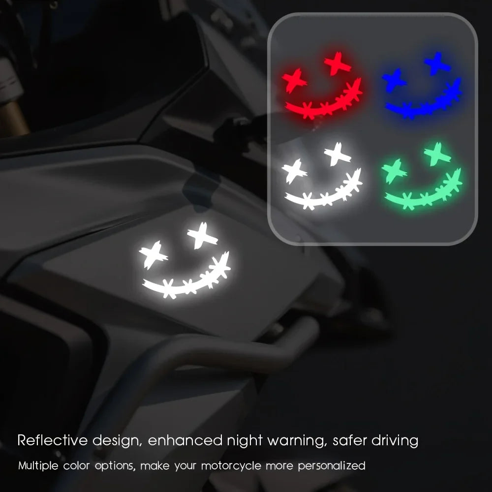 Reflective Smiley Motorcycle Stickers - 2PCS/SET Safety Decals for Enhanced Night Visibility