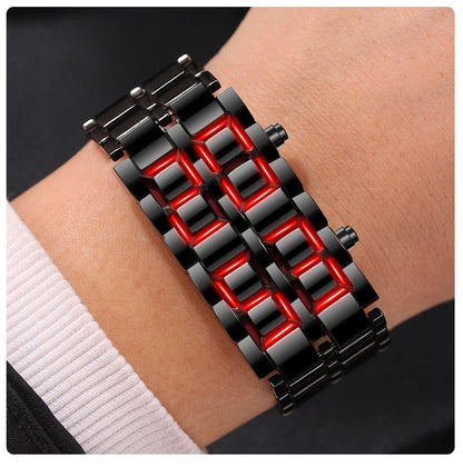 LED Digital Sports Watch - Full Metal Lava Style Wristwatch with Alarm & Calendar (Red/Blue Display)