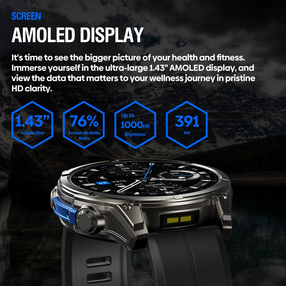 1.43" AMOLED Smart Watch with Voice Calling - Built-in Flashlight, Heart Rate & Blood Pressure Monitor