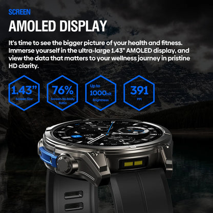 1.43" AMOLED Smart Watch with Voice Calling - Built-in Flashlight, Heart Rate & Blood Pressure Monitor