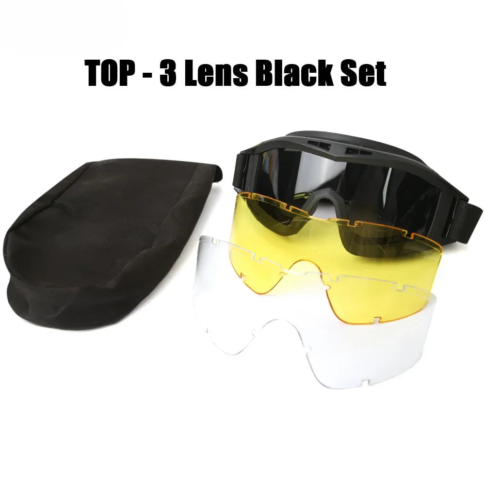Tactical Airsoft Goggles - 3 Interchangeable Lens - Windproof Dustproof Protection for Shooting, Motocross, Motorcycle & Mountaineering