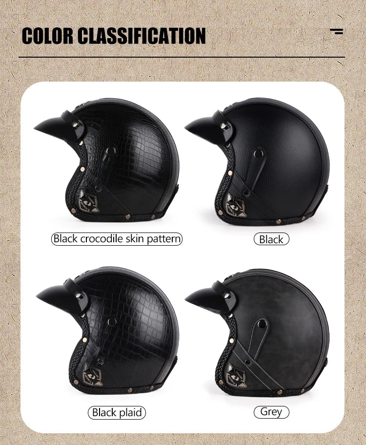 Retro Open Face 3/4 Motorcycle Helmet - Classic PU Leather Chopper & Bicycle Helmet (Vintage Style)