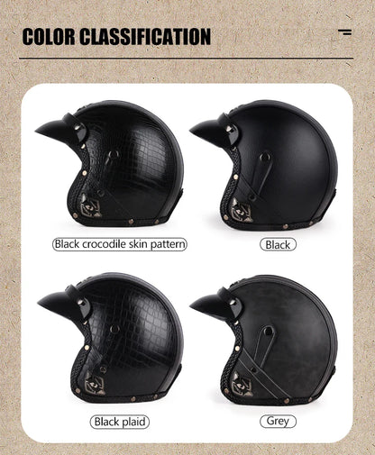 Retro Open Face 3/4 Motorcycle Helmet - Classic PU Leather Chopper & Bicycle Helmet (Vintage Style)