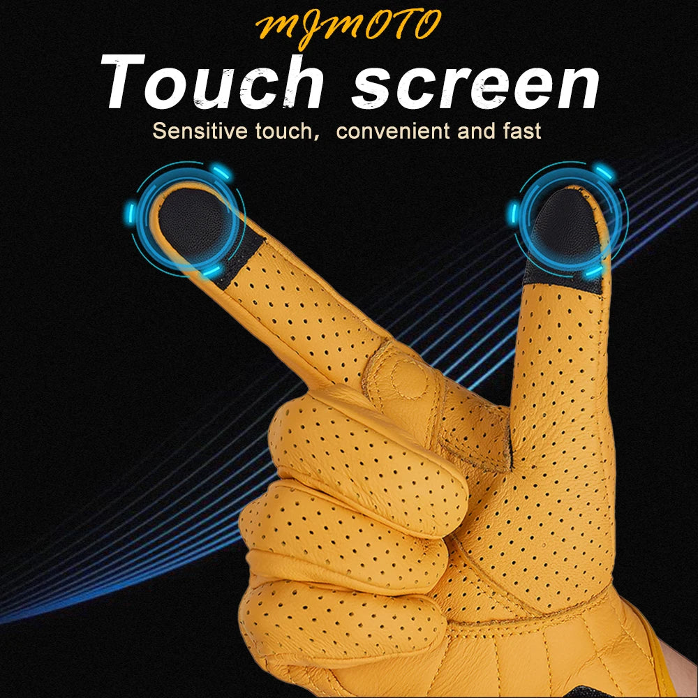 Breathable Perforated Leather Motorcycle Gloves - Retro Yellow Racing Gloves with Touch Screen for Men & Women - Motocross Motorbike Riding Gear