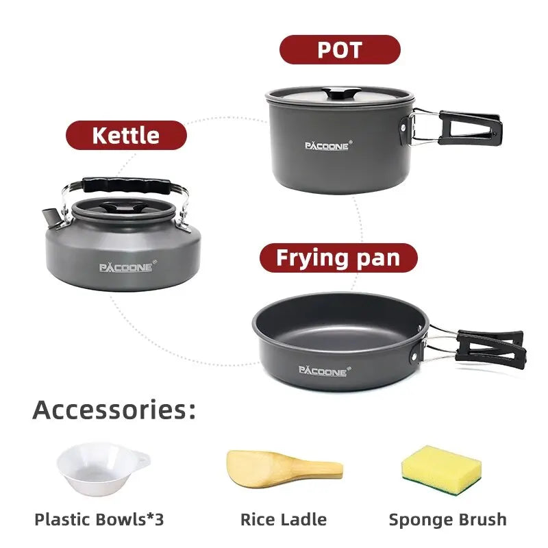 PACOONE Portable Camping Cookware Set - Complete Outdoor Cooking Kit with Pot, Kettle, Pan & Tableware for Hiking and Picnic