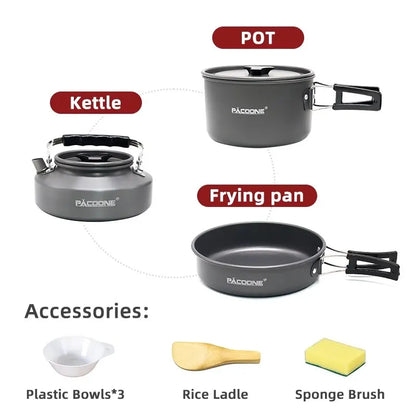 PACOONE Portable Camping Cookware Set - Complete Outdoor Cooking Kit with Pot, Kettle, Pan & Tableware for Hiking and Picnic