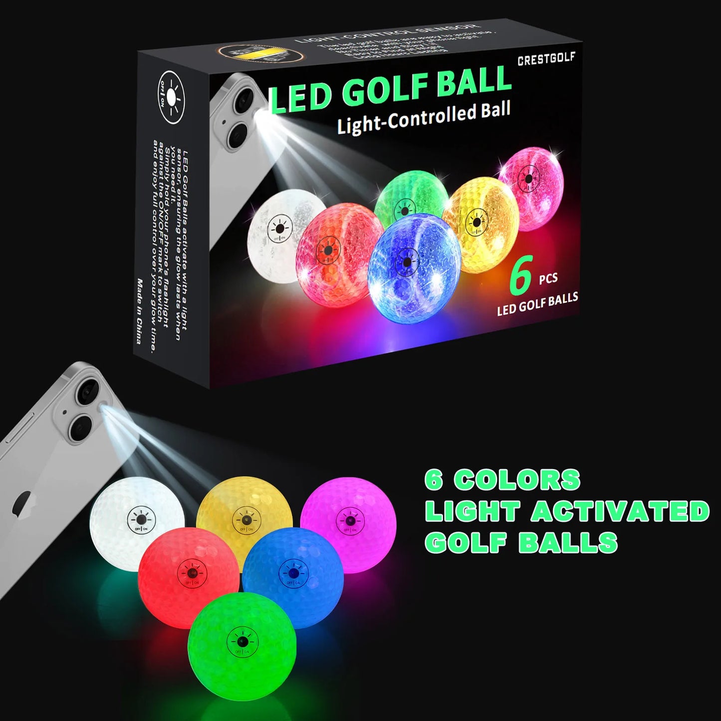 Light-Activated LED Golf Balls – 6-Color Glow Set with Storage Bag