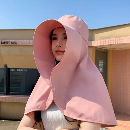 Women's Wide Brim Sun Visor Hat - UV Protection Ponytail Cap with Neck Shawl for Outdoor Fishing & Hiking