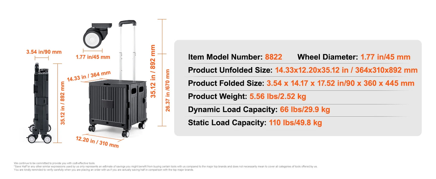SucceBuy Foldable Utility Cart - Portable Shopping Crate with Telescopic Handle & Wheels for Travel, Office & Garden