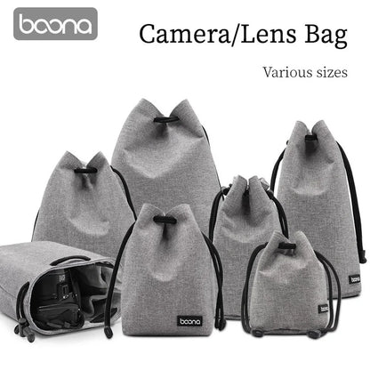 Camera Lens Bag - Waterproof Drawstring Pouch with Fleece Protection for DSLR Cameras