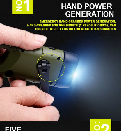 Solar Hand Crank LED Flashlight - Portable Emergency Lantern with Dynamo Power for Outdoor Camping, Hiking & Long-Range Illumination