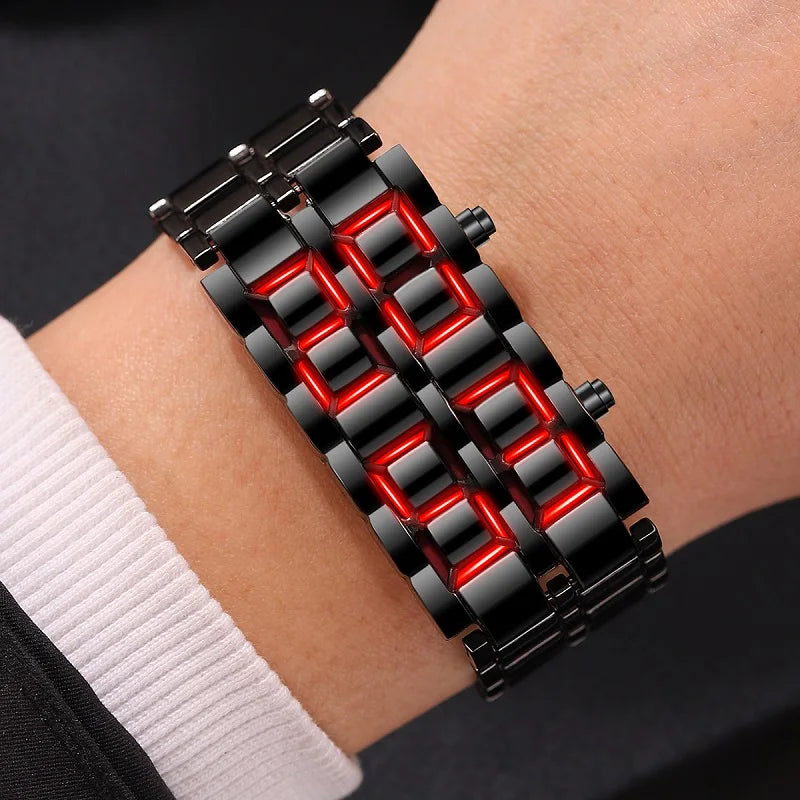 LED Digital Sports Watch - Full Metal Lava Style Wristwatch with Alarm & Calendar (Red/Blue Display)