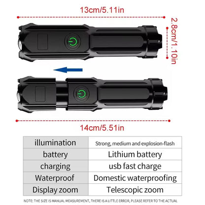 LED Camping Torch Flashlight - High Power Rechargeable USB Spotlight