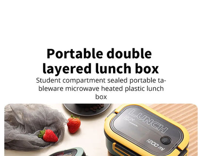 Portable Double-Layer Lunch Box with Compartments - Microwave Safe Food Container with Fork & Spoon Set for Picnic and Fresh Food Storage