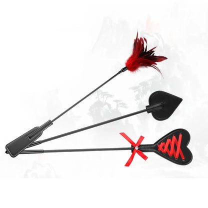 Equestrian Training Crop - PU Leather Horse Riding Whip with Feather Paddle Flogger for Role Play and Horse Training